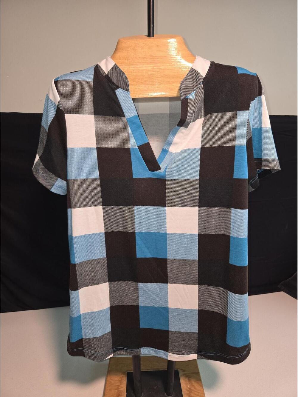 Blue and Black Checkered Short Sleeve Top Size M